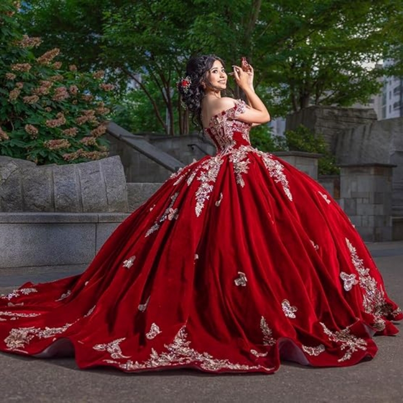 Red Shiny Princess Sweet 16 Dress Quinceanera Dresses Gold Applique Bow Beading Crystal Party Birthday Vestidos 15 De Anos