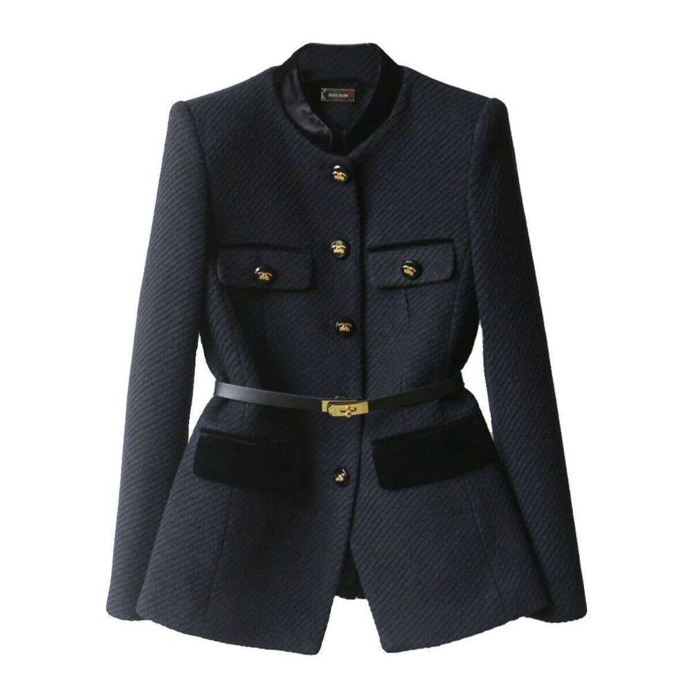 Coat Fashionable Mid Length Waist Slimming Outerwear Shoulder Standing Collar Outerwear Women's Clothing Light Luxury Commuter Elegant Coat Vinta - view 7