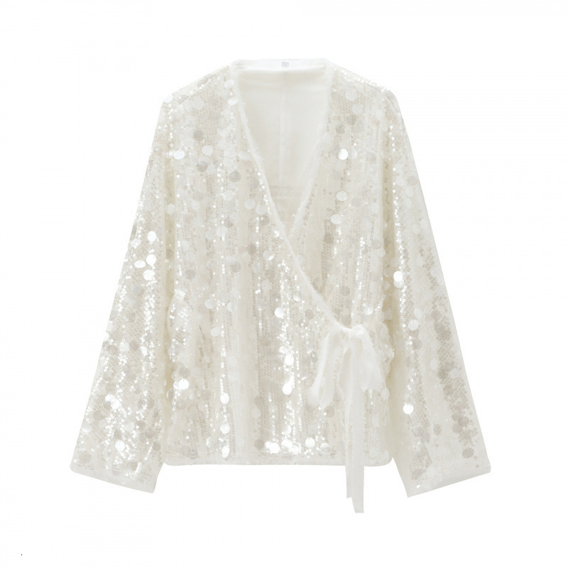 Fashion Sequins Womens Lace Up Coat Glitter Street Vneck Female Jacket Long Sleeve Loose Autumn Holiday Party Lady Tops 250828