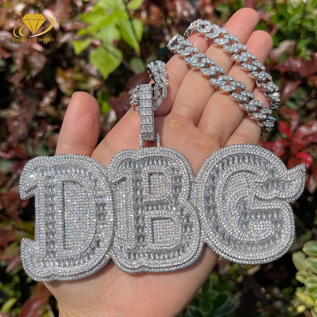 New Design Gold Plated Moissanite Letter Pendants Baguette Cut Iced Out Diamond 925 Silver Hip Hop Letters Pendant Necklace