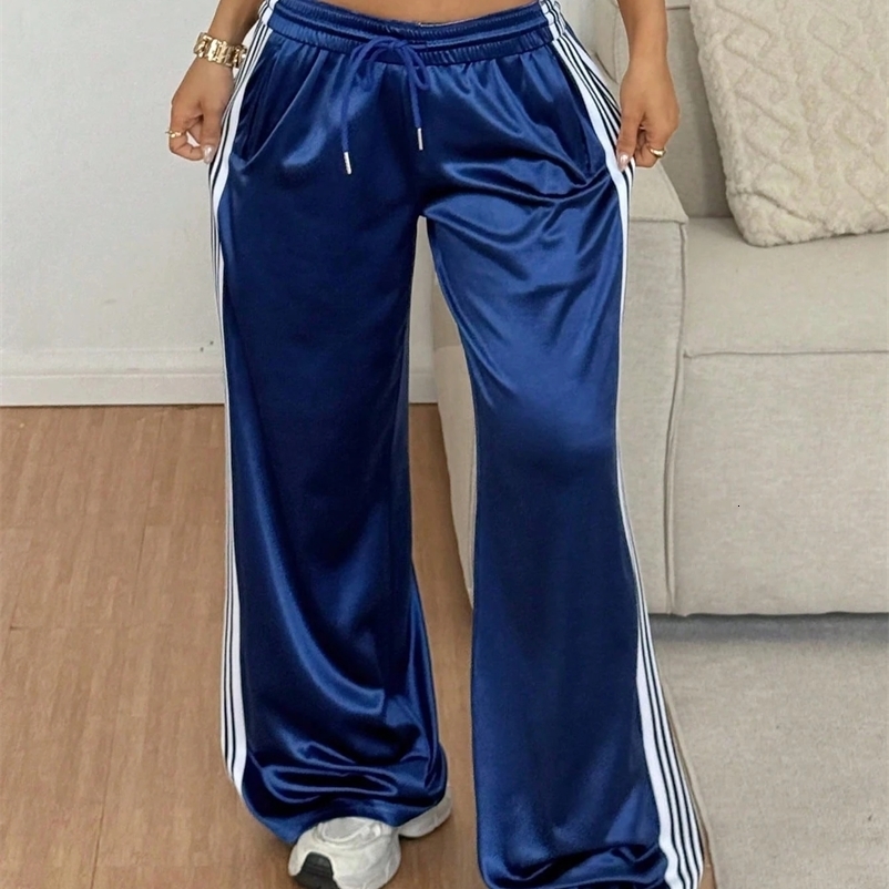 Womens Satin Wide Leg Track Pants Side Stripe Elastic Waist Casual Streetwear Trousers for Daily Fashion 260428