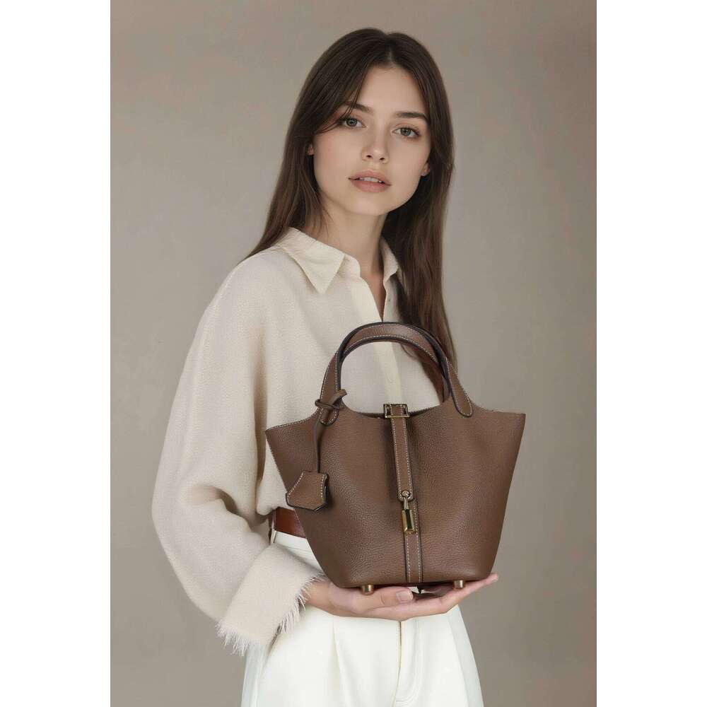 Casual Fashion Women Luxury Bucket Tote Bag, High End Genuine Cow Leather Mommy Handbag, Retro Metal Lock Daily Office Travel Shoulder Crossbody Bag S