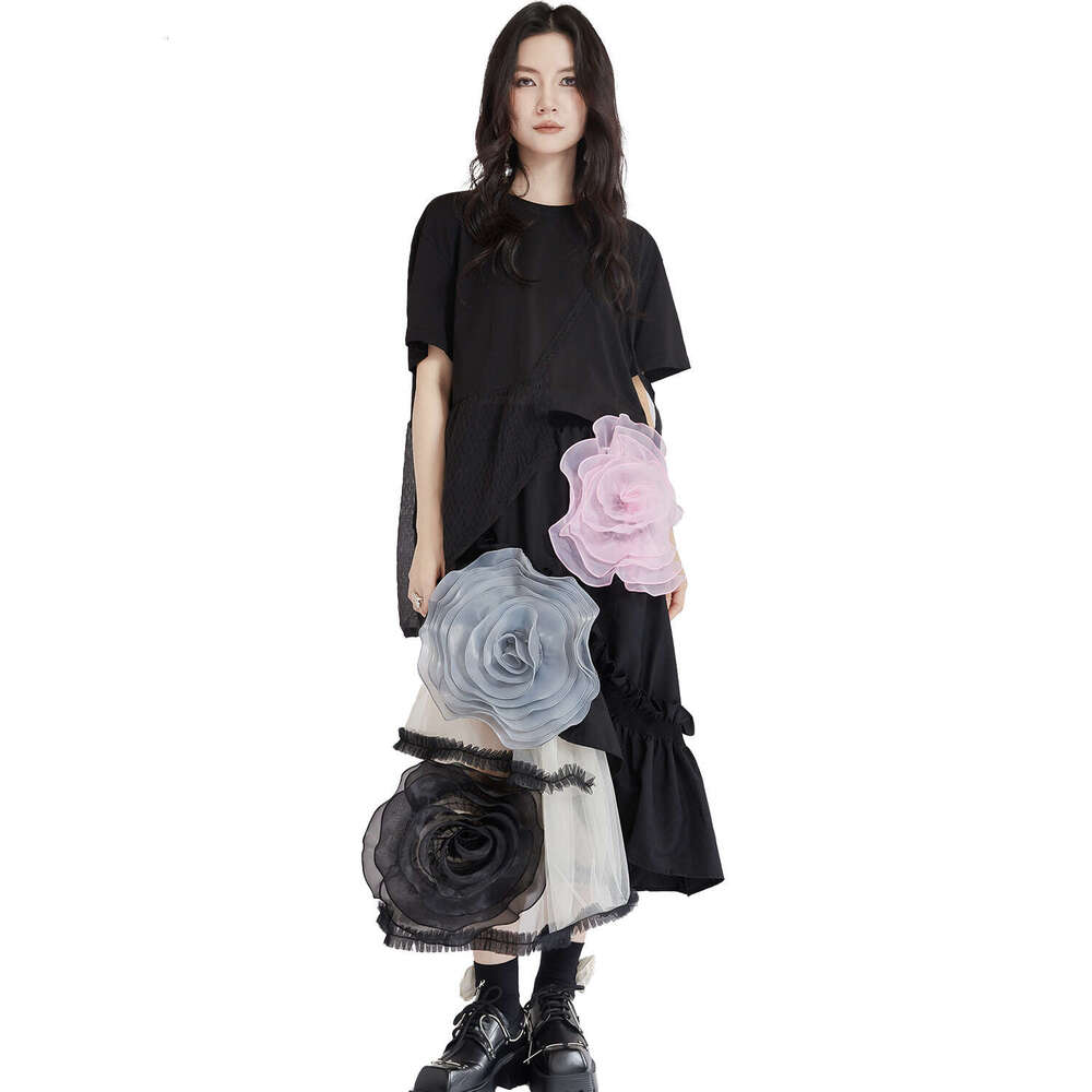 Niche Designer Luxury French Retro Women Midi Skirt, Irregular Mesh Patchwork Puffy Dress, Big Rose Print Elegant Party Casual Streetwear MAKOUFEI