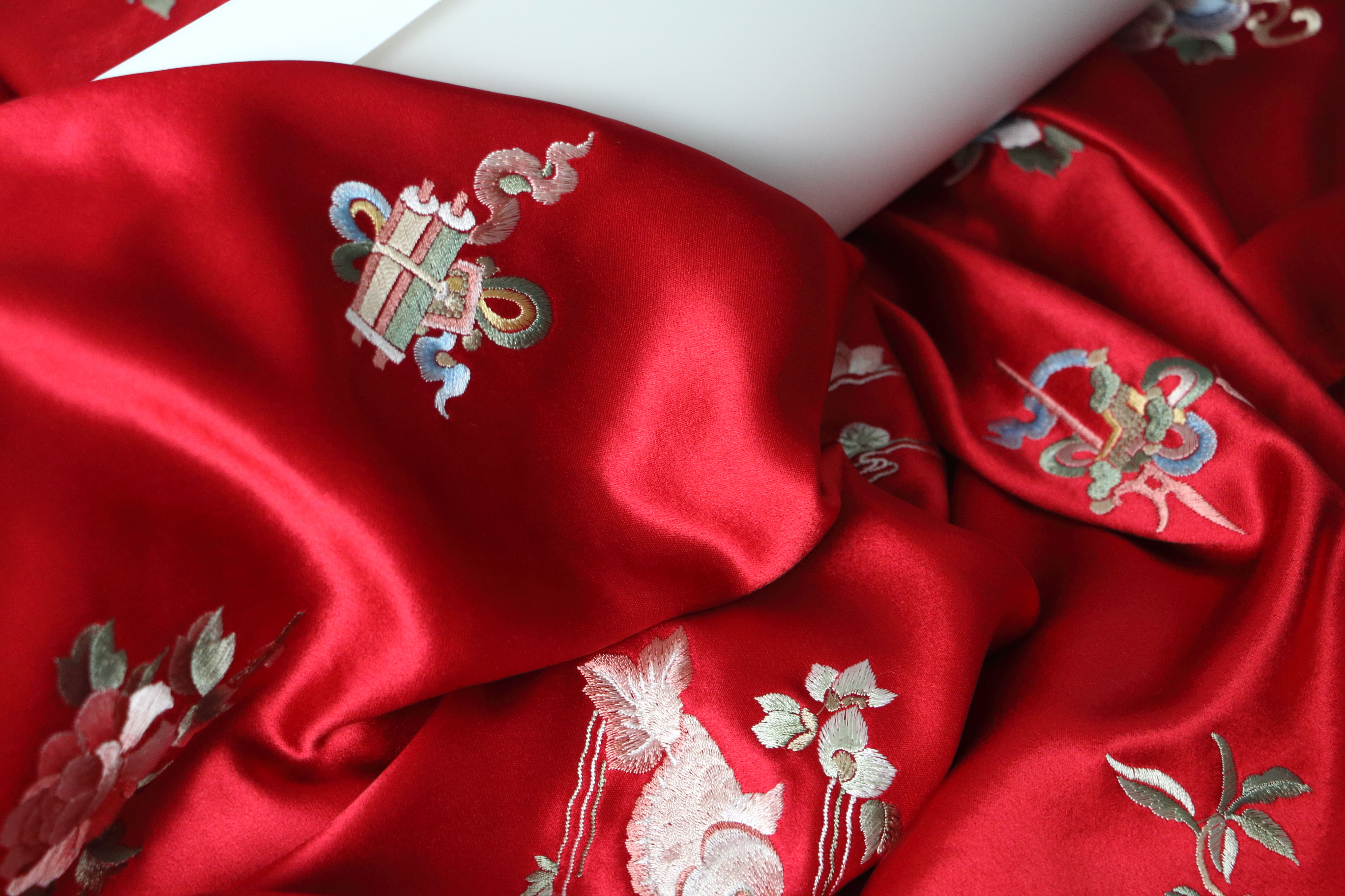 Retro Original Pattern, Skin-Friendly & Soft, Golden Fortune & Jade Peony Embroidered Acetate Satin, Chinese Style Fabric