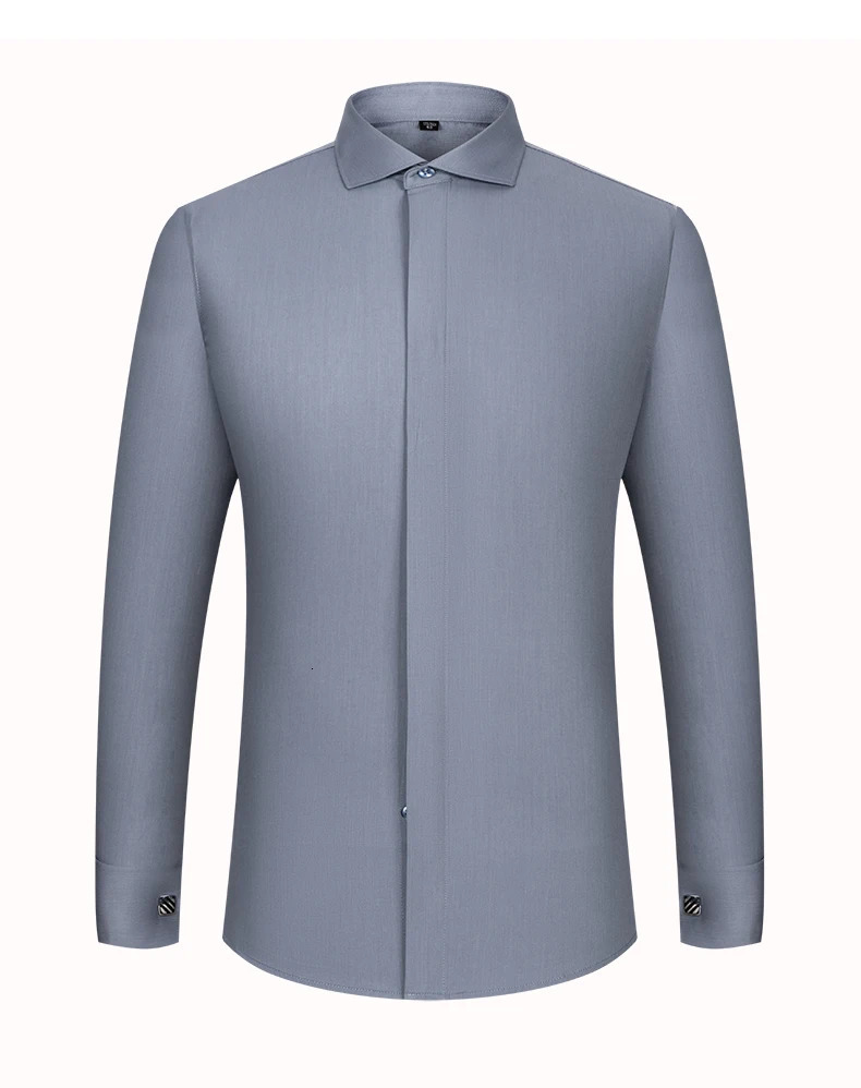 Mens French cufflink shirt with long sleeves slim fit concealed buttons solid color high end wedding dress formal mens 260429BJ - view 7