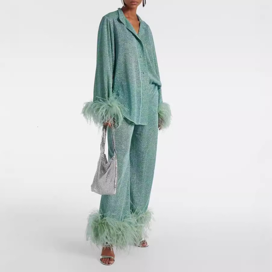autumn fashion feather decal party set womens standing collar long sleeved top and pants set elegant button solid dress 241014