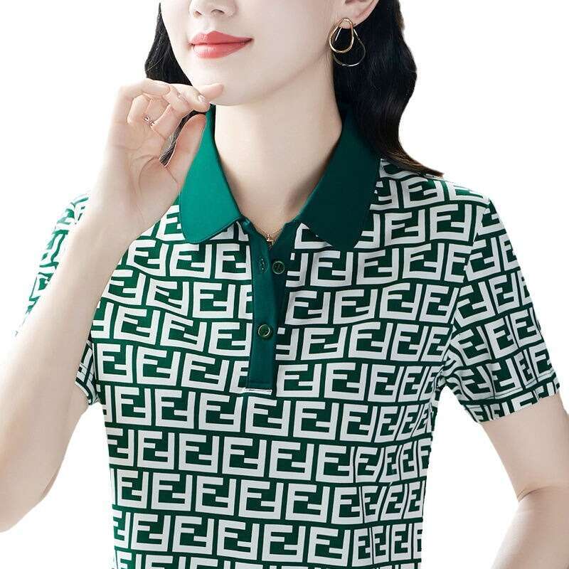 Luxury Brand Designer Clothes Stylish Mom's Turn-Down Collar Short-Sleeve T-Shirt, Summer New Loose Slimming Polo Shirt, Women's Printed Top