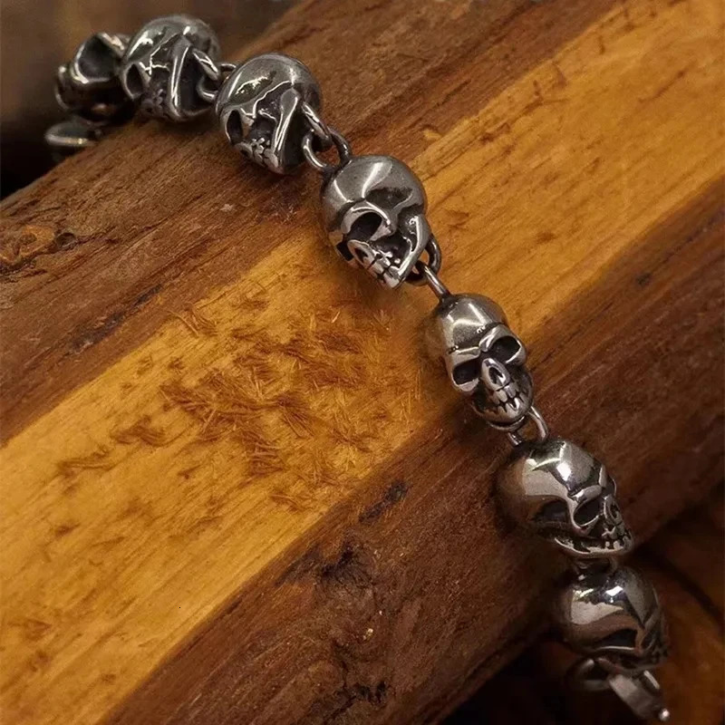 Vintage Metal Full Skull Bracelet, Men's Gothic Biker Jewelry, Motorcycle Skull Chain Accessory - view 6