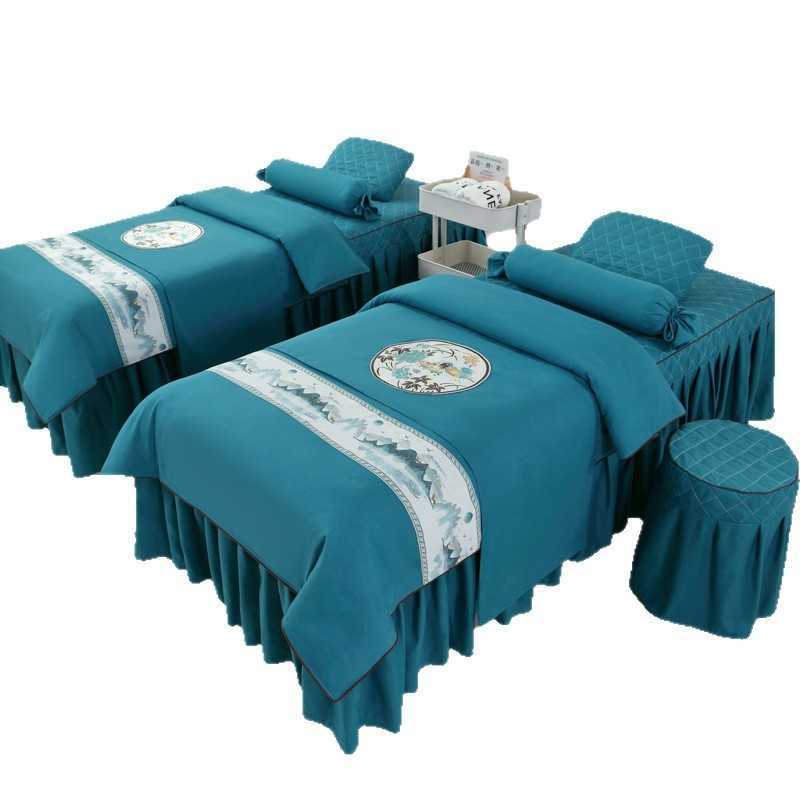 Anti-slip 4pcs Beauty Salon Bedding Sets Massage Tuina Spa Use Patchwork Duvet Cover Bed Skirt with Hole Beddings Y240730