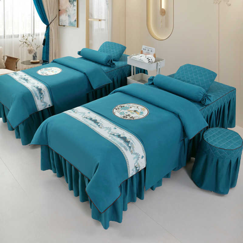 Anti-slip 4pcs Beauty Salon Bedding Sets Massage Tuina Spa Use Patchwork Duvet Cover Bed Skirt with Hole Beddings Y240730