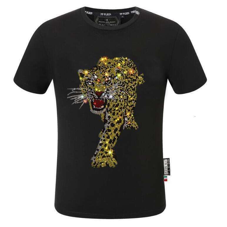 Retro Summer Short-Sleeve For Men, Loose Fit, European And American Hip-Hop Style, Heavy-Duty Rhinestone Yellow Leopard High Street Couple T-Shirt