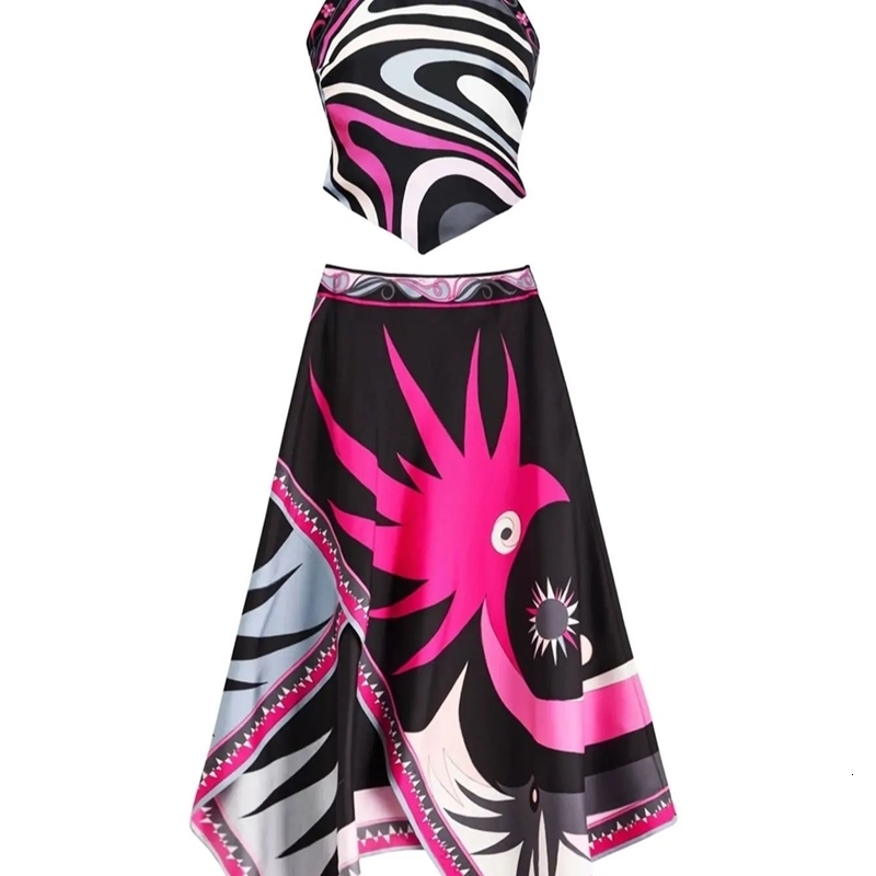 Print Two Piece Skirt Sexy Halter Beach Dress Women Bra High Waist A-line Long Skirt Suit Summer Holiday Seaside Casual Set 260430 - view 7
