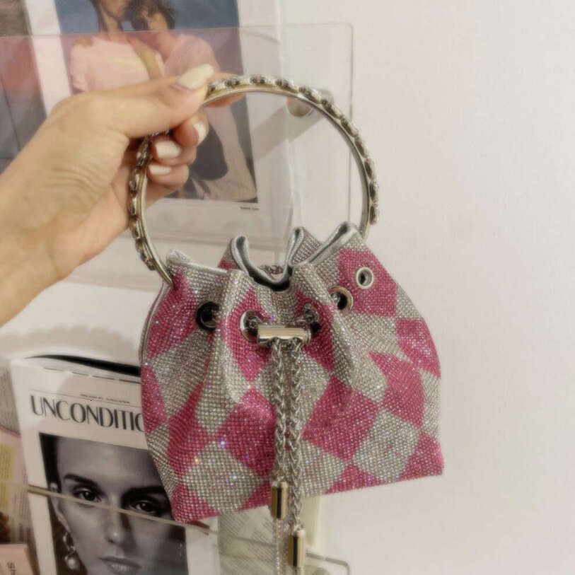 OLOEY Tassel Pearl Rhinestone Bucket Clutch, Handmade Pink Silver Metallic Sequin Shiny Evening Handbag Diamond Bag