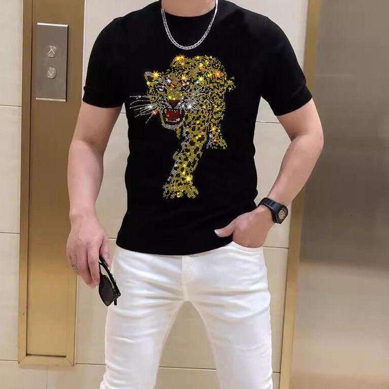 Retro Summer Short-Sleeve For Men, Loose Fit, European And American Hip-Hop Style, Heavy-Duty Rhinestone Yellow Leopard High Street Couple T-Shirt