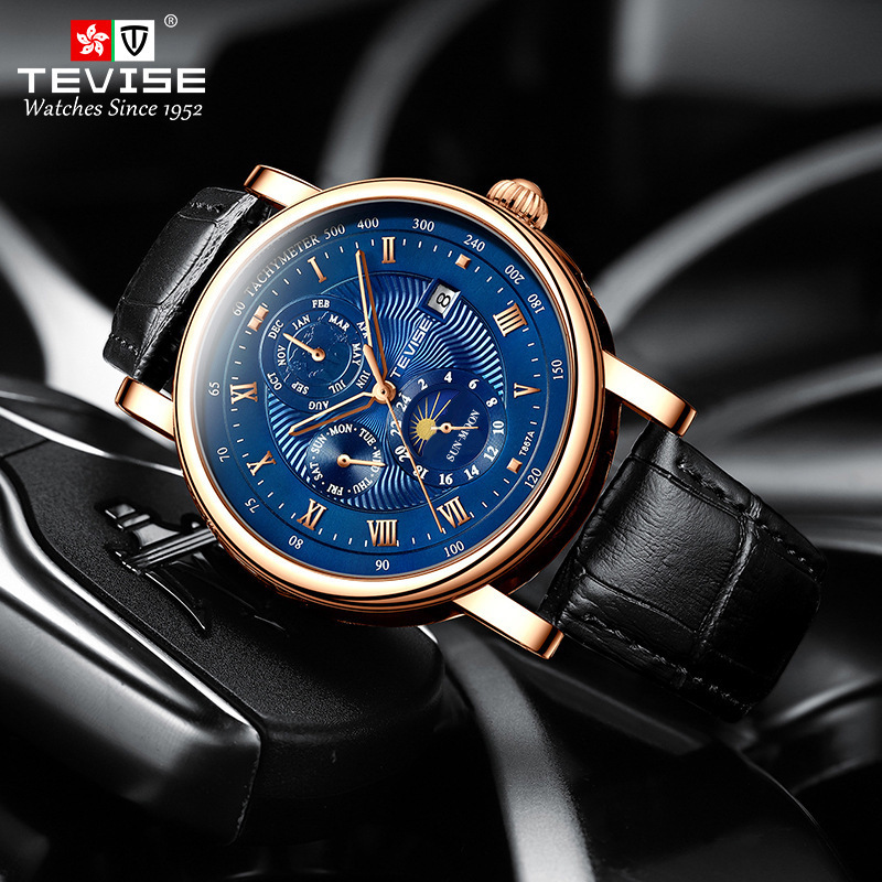 TEVISE Business Waterproof Mens Mechanical Watches Top Leather Watch For Men Moon Phase Automatic Wristwatch 240808CJ