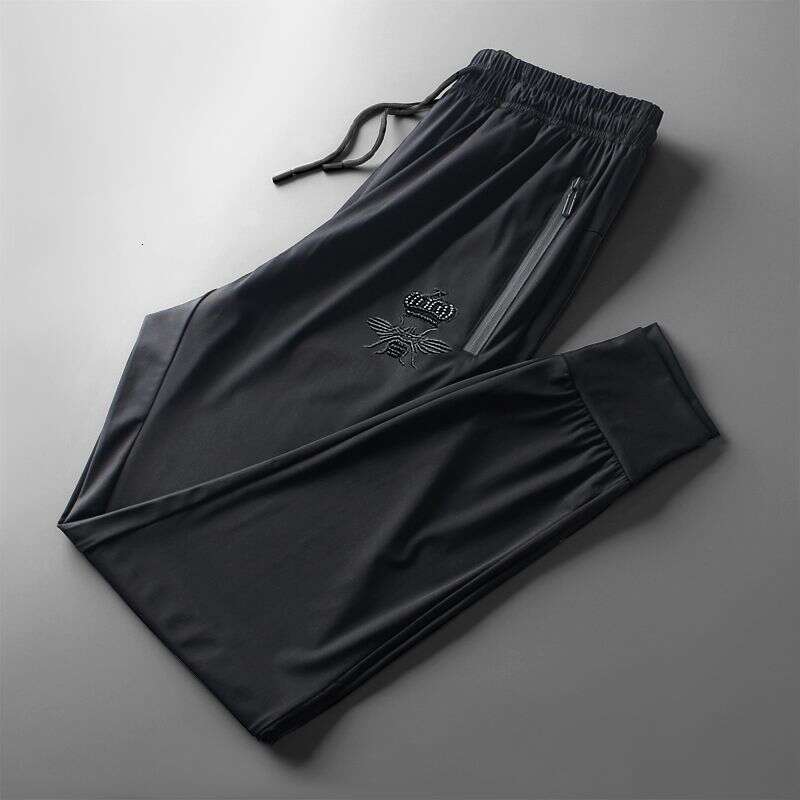 Trendy Brand Bee Embroidered Casual Lightweight Long Summer Men's Sports Cool Quick-Dry Pants, Durable Black Trousers