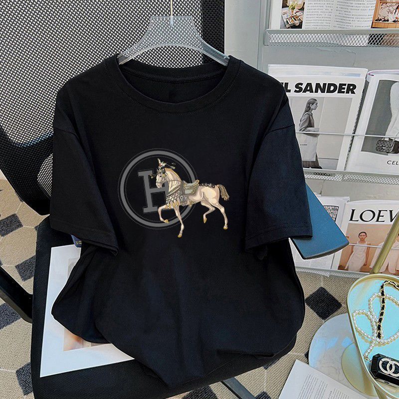 2024 Summer Cotton Large Version ButtCovering Short Sleeve TShirt for Women Printed Pure Desire Style Versatile Top Ins