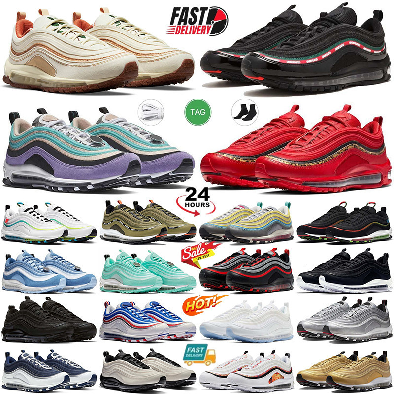 Designer 97s Running Shoes Mens Womens 97 Sneakers Trainers Triple Black White Metallic Silver Orange Bright Citron Outdoor Sports Men Jogging Shoes S