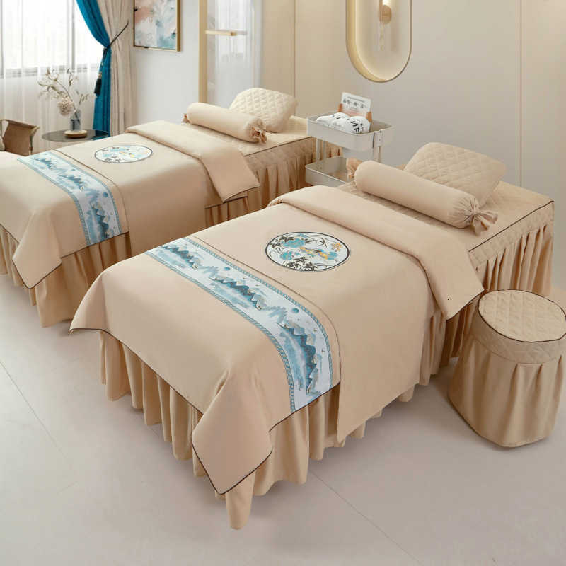 Anti-slip 4pcs Beauty Salon Bedding Sets Massage Tuina Spa Use Patchwork Duvet Cover Bed Skirt with Hole Beddings Y240730