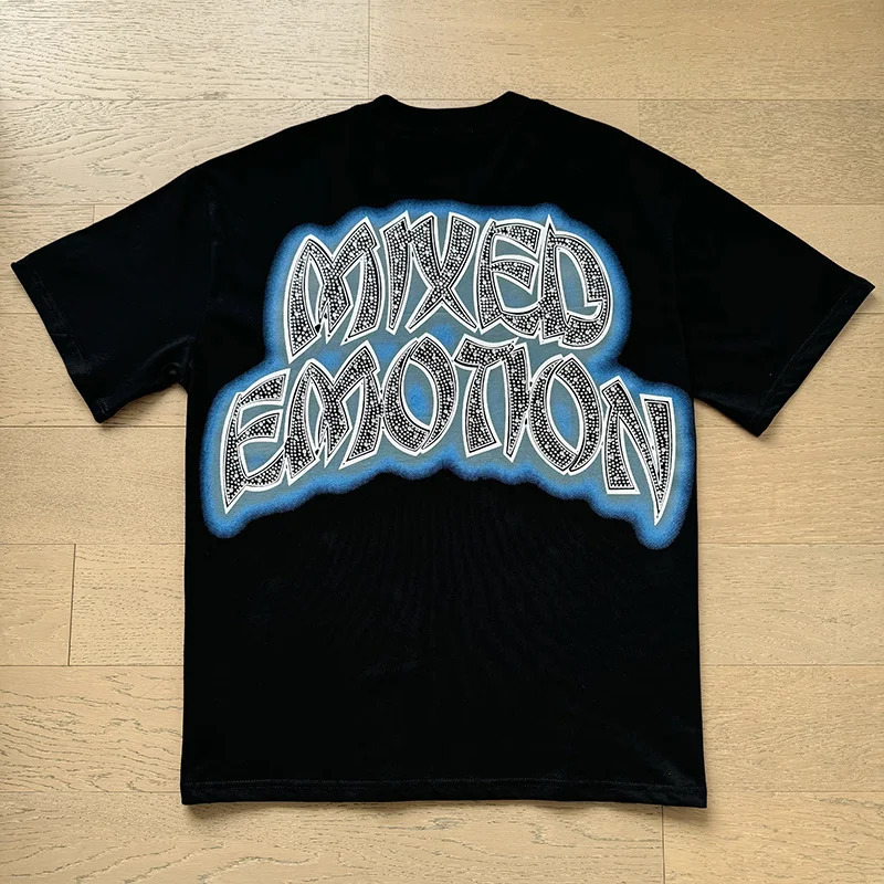 Trendy Mixed Emotion American Retro Rhinestone Printed Rock Hip Hop Loose Unisex Pure Cotton Short Sleeve T-Shirt Streetwear 260430 - view 3