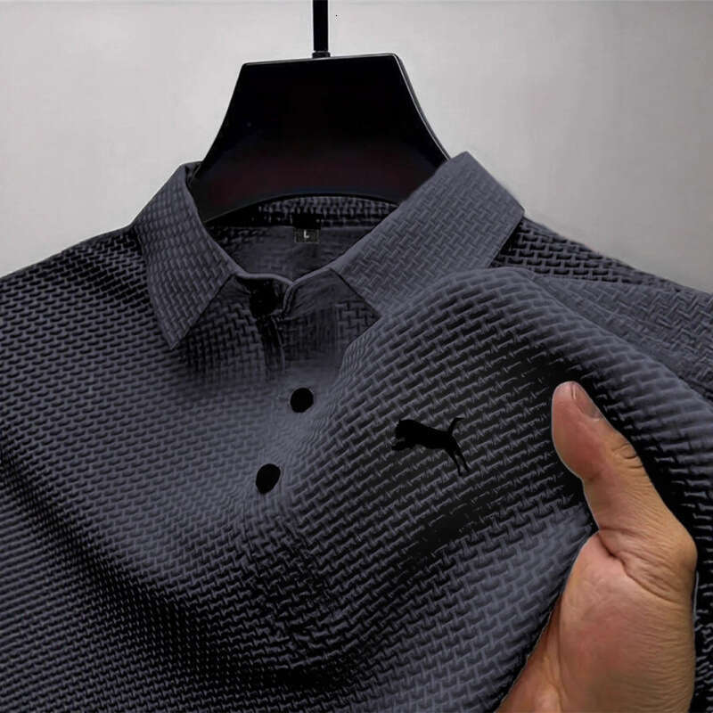 Luxury Brand Designer Clothes New With Short Sleeves, High-End Mesh Ice Silk Leopard Print Short-Sleeve T-Shirt Men, Shirt Collar, Solid Color For Sum