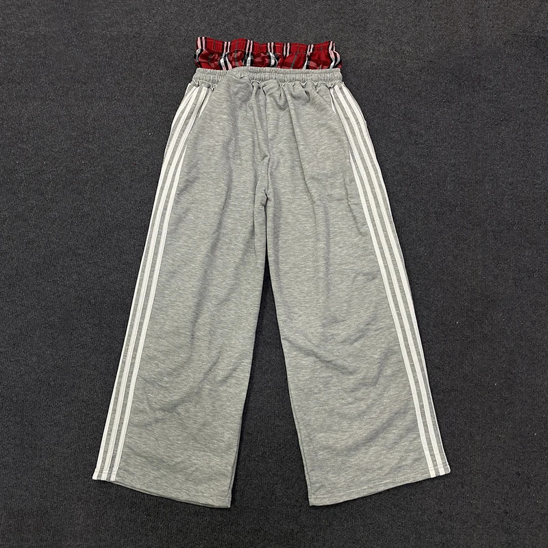 Womens Spring Checkered Double-Waisted Casual Pants Loose Street Fashion Sweatpants with Letter Embroidery 260430