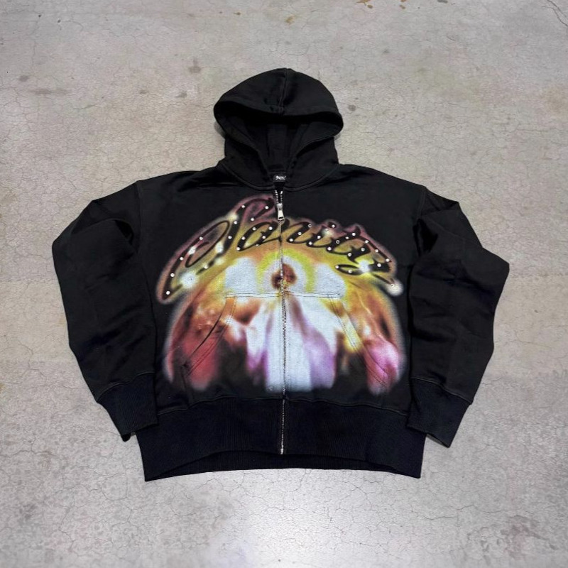 Designer Hoodies Sweatshirts for Men Women Y2K Graffiti Rhinestone Print Zip Up Hoodie Harajuku Streetwear Retro Sportswear Casual Top Jackets