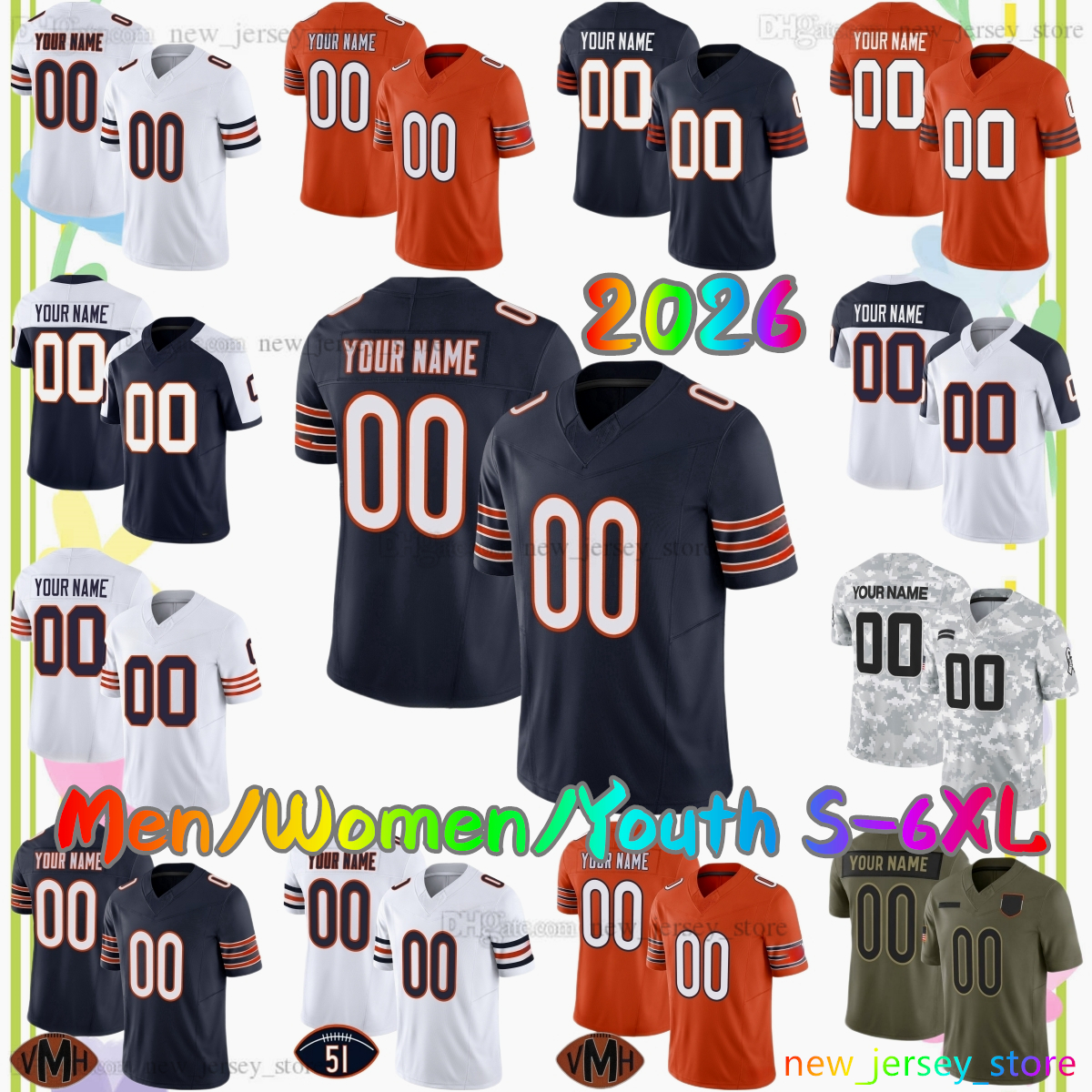 Custom S-6XL 2026 New 18 Caleb Williams Football Jersey 15 Rome Odunze 25 Kyle Monangai 31 Dillon Thieneman 85 Cole Kmet Montez Sweat Jedrick Wills Jr. Stitched Jerseys