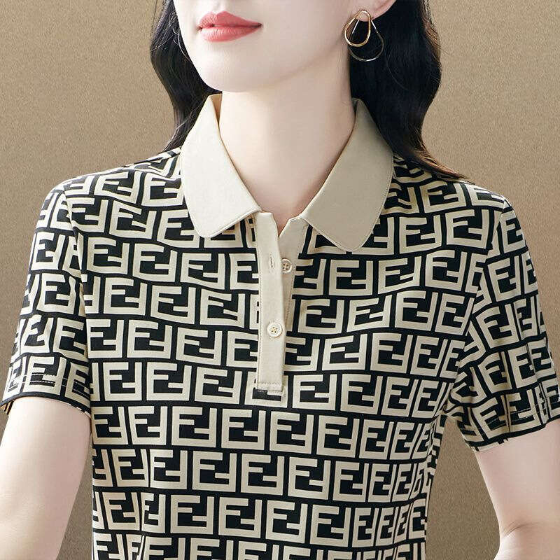 Luxury Brand Designer Clothes Stylish Mom's Turn-Down Collar Short-Sleeve T-Shirt, Summer New Loose Slimming Polo Shirt, Women's Printed Top