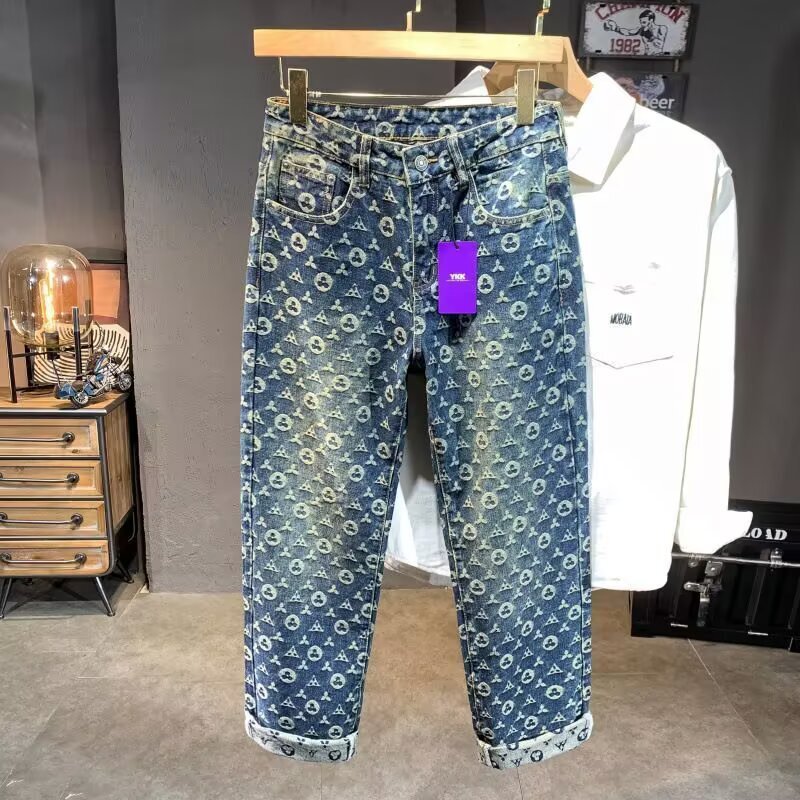 Designer Full Print Men's Jeans Casual Loose Straight Leg Pants Retro Vibe Streetwear Denim Trousers For Autumn Winter Hip Hop Style All Match Da