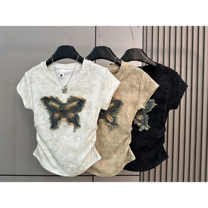 Designer Vintage Washed Butterfly T Shirt For Women Short Sleeve V Neck Ruched Applique Top Slim Fit Casual Streetwear Tee Y2K Style Daily Wear