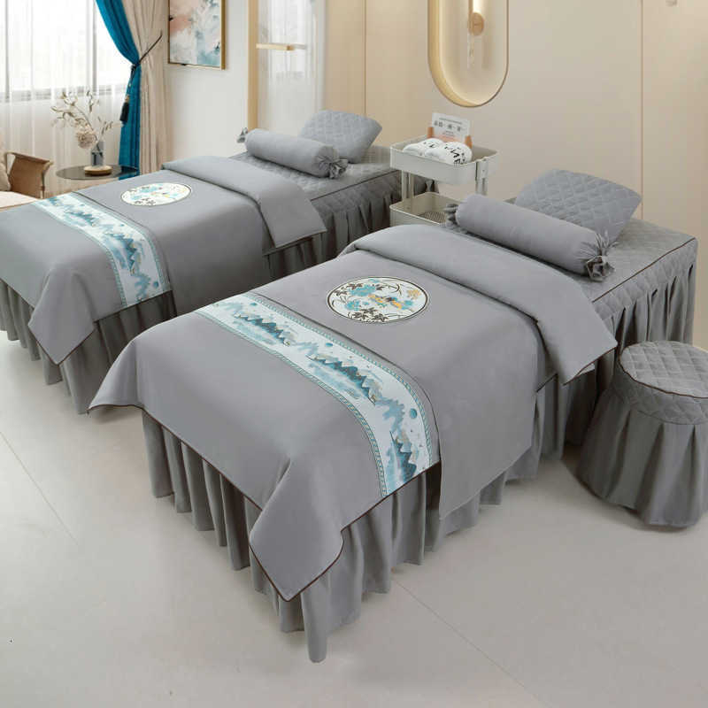 Anti-slip 4pcs Beauty Salon Bedding Sets Massage Tuina Spa Use Patchwork Duvet Cover Bed Skirt with Hole Beddings Y240730