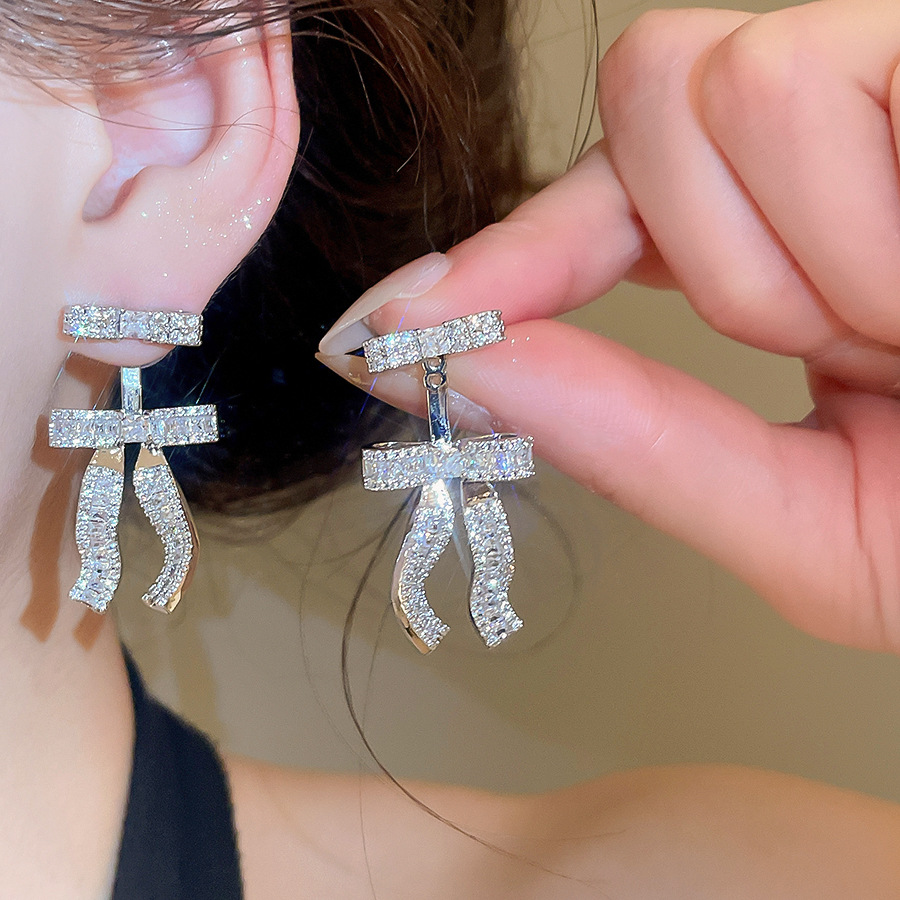 18k real gold plated silver needle zircon bow pendant simple stylish earrings, light luxury and high-end feel - view 3