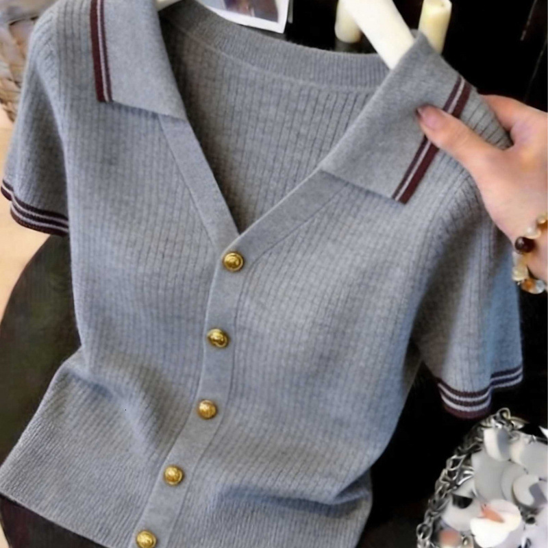 Womens Designer Knitted Polo Cardigan Short Sleeve Ribbed V Neck Top With Gold Buttons Striped Trim Preppy Style Slim Fit Casual Knitwear For Daily We