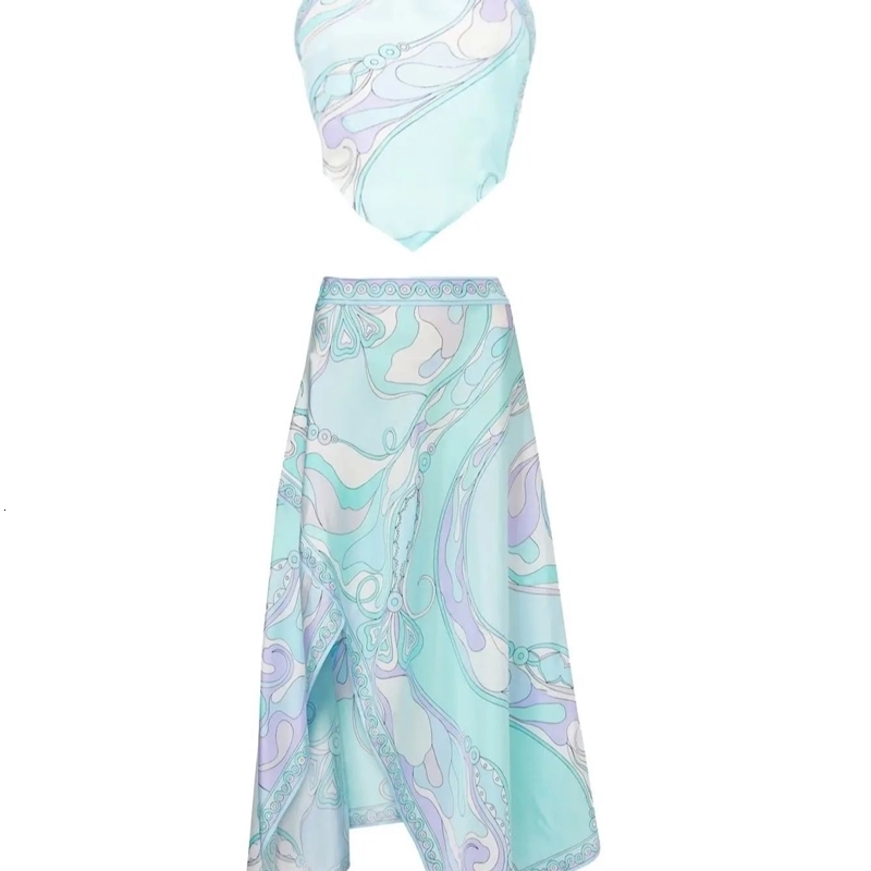 Print Two Piece Skirt Sexy Halter Beach Dress Women Bra High Waist A-line Long Skirt Suit Summer Holiday Seaside Casual Set 260430 - view 5