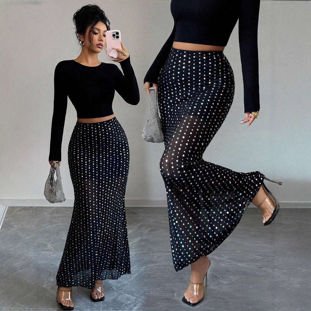 Designer 2026 European American 2026 New Luxury Model Sequined Double-layer Mesh High-waisted Slim-fit Bodycon Skirt For Vacation And Dating Free Ship