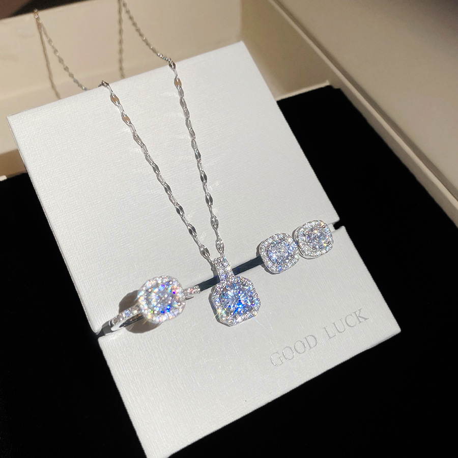 Super Shiny Zircon Square Pendant Earrings Ring Necklace Set 2026 New Model Light Luxury High-End Gorgeous Jewelry - view 6