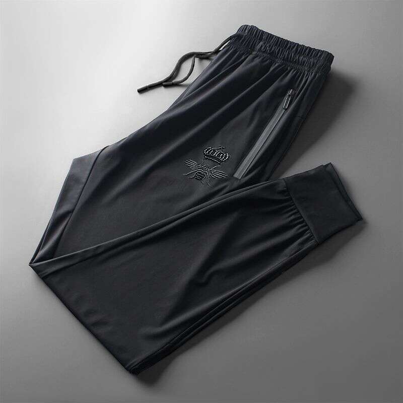 Trendy Brand Bee Embroidered Casual Lightweight Long Summer Men's Sports Cool Quick-Dry Pants, Durable Black Trousers