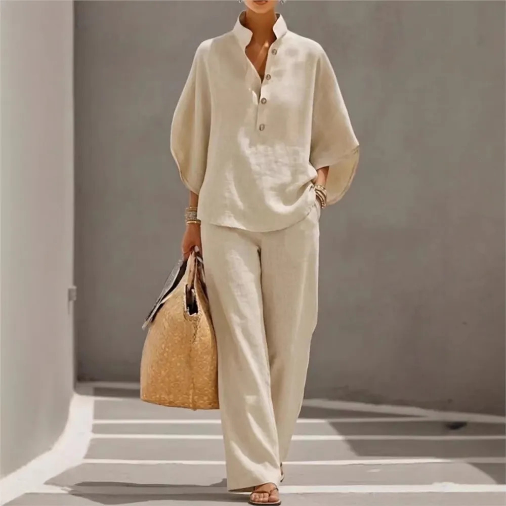 Fashiona Cotton Linen Loose 9-quarter Sleeve Womens Trousers 2-piece Set Spring Casual Pocket Retro Female Office Trousers Suit 260429 - view 3