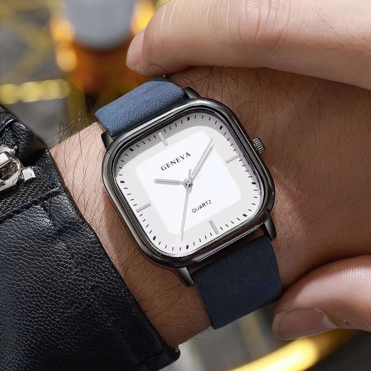Fashion Square Men's Quartz Watch Japan Korean Style, Black Leather Strap, Numberless Dial, Repeater Feature, 10mm Case Diameter - view 6