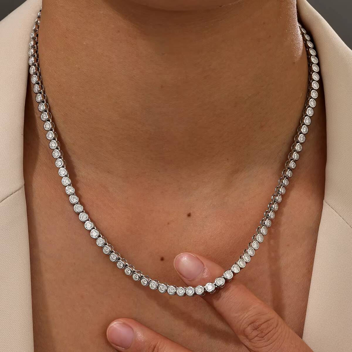 3 mm Fashion 925 Silver Sparkling Bezel Tennis Necklace Classic Round Moissanite Station Design Choker Elegant Gift for Her - view 7