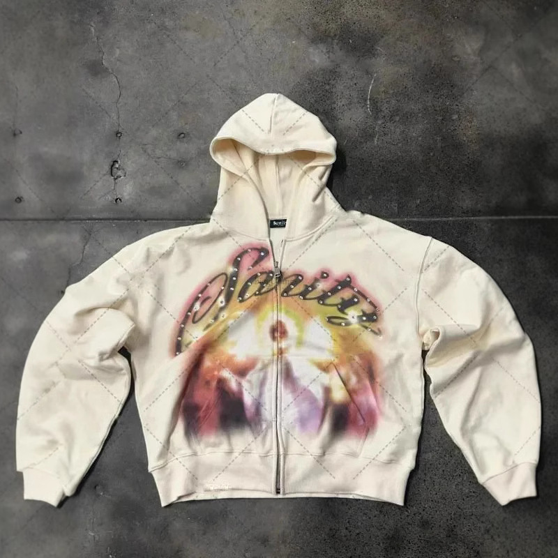 Designer Hoodies Sweatshirts for Men Women Y2K Graffiti Rhinestone Print Zip Up Hoodie Harajuku Streetwear Retro Sportswear Casual Top Jackets