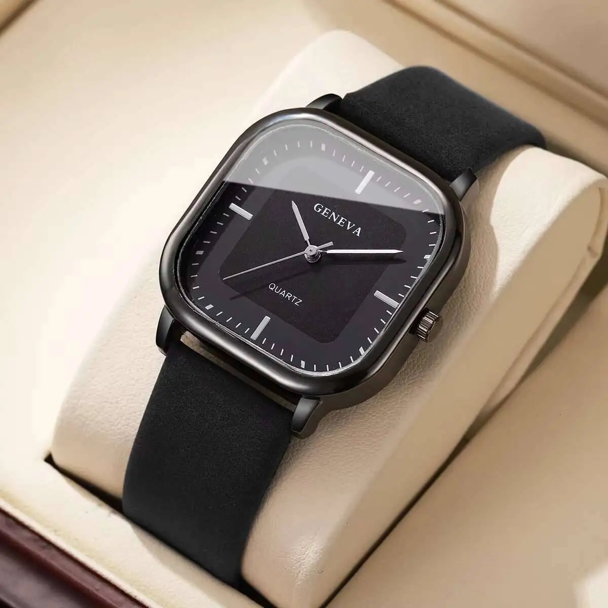 Fashion Square Men's Quartz Watch Japan Korean Style, Black Leather Strap, Numberless Dial, Repeater Feature, 10mm Case Diameter