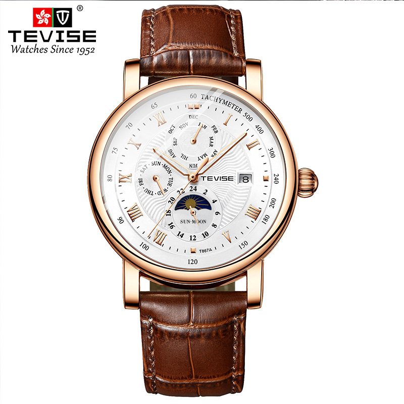 TEVISE Business Waterproof Mens Mechanical Watches Top Leather Watch For Men Moon Phase Automatic Wristwatch 240808CJ