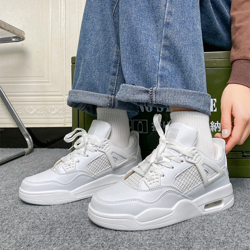 Womens and Men All White Chunky Basketball Style Sneakers Lace Up Casual Air Cushion Shoes