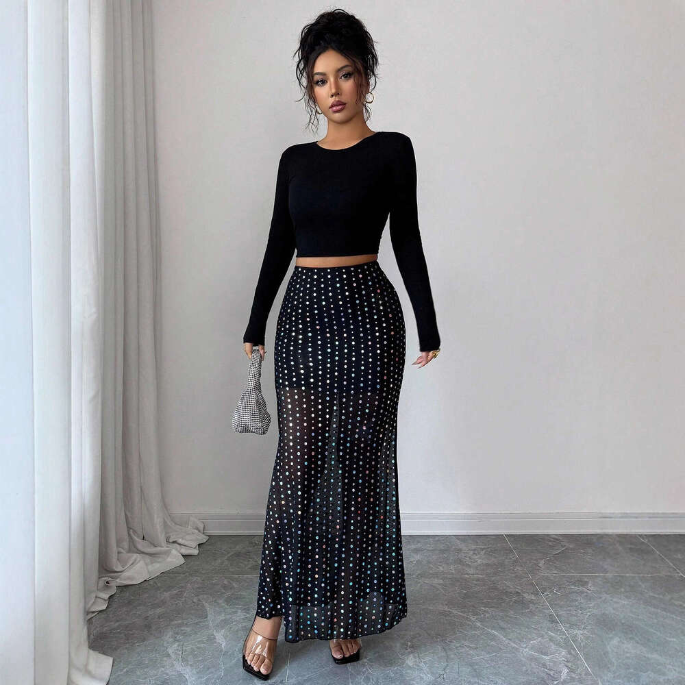 Designer 2026 European American 2026 New Luxury Model Sequined Double-layer Mesh High-waisted Slim-fit Bodycon Skirt For Vacation And Dating Free Ship