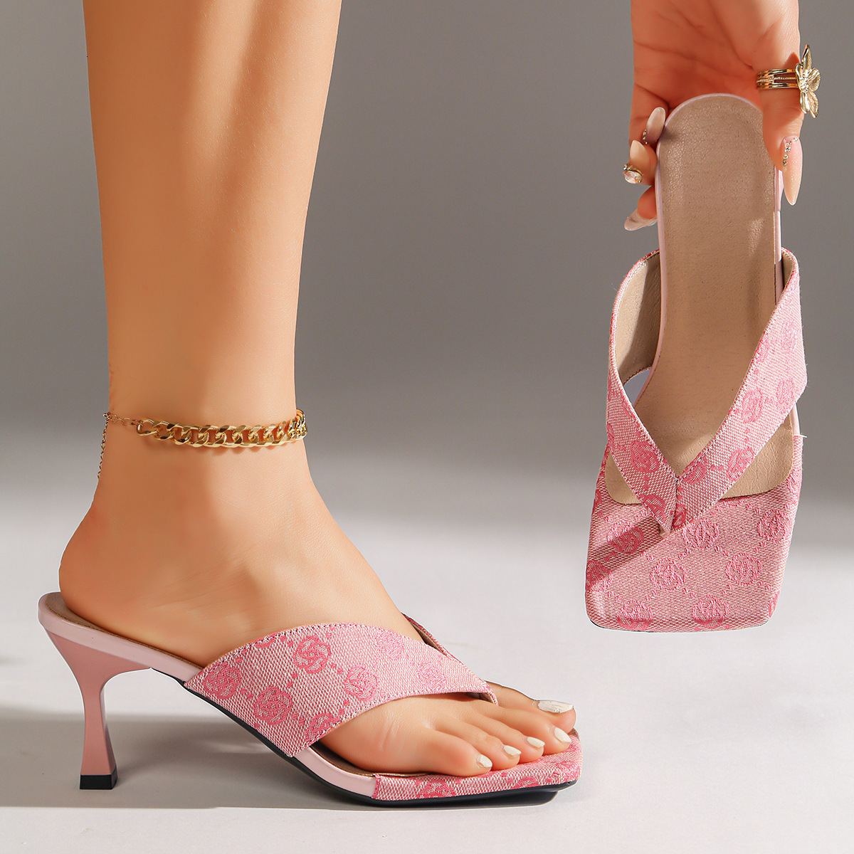 designer sandals women New Plus Size Women shoes European and American Square-Toed Flip-Flops Fashionable High-Heeled Thong Sandals designer heels