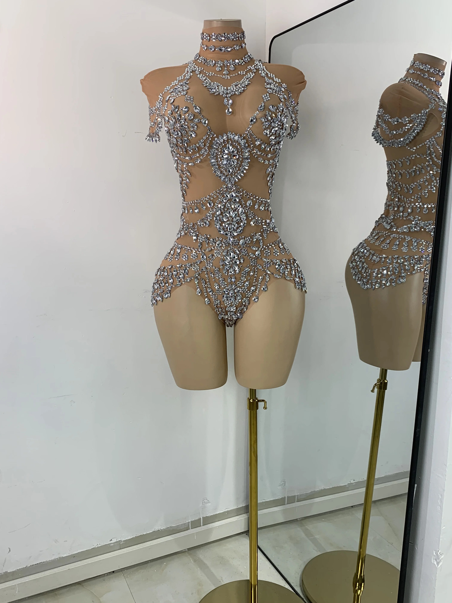 Rhinestone Embellished Transparent Mesh Bodysuit, Skinny Fit Acetate Tatting Dance Costume, Sparkly Casual Rhinestone Jumpsuit - view 3