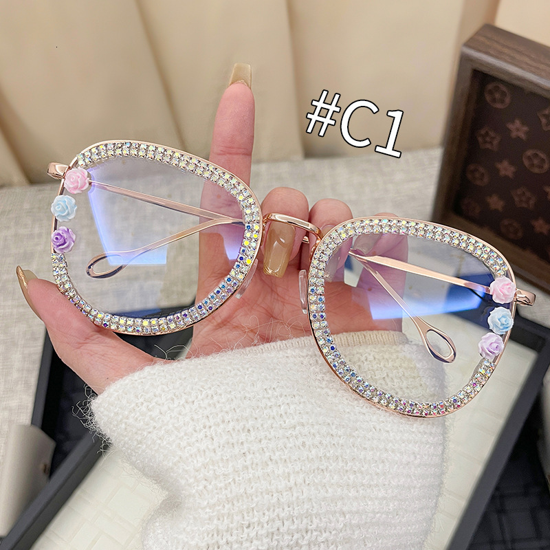 Metal Inlaid Diamond Frame Designer Flat Sunglasses Luxury Men's And Women's Outdoor Accessories Trendy Brand Waterproof And UV Resistant Cycling Glasses