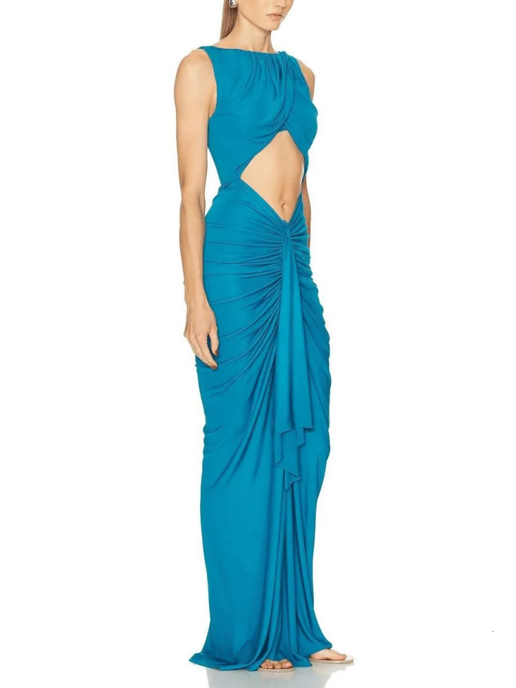 Sexy Girl Party Dresses Solid Color Hollow Out Folds Package Hip Slim Sleeveless Long Dress Lady Club Parties Prom Vestidos 260430